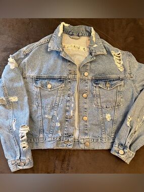 ASOS Denim Distressed Oversized Trucker Jacket - Light Wash Blue - US 4/UK 8